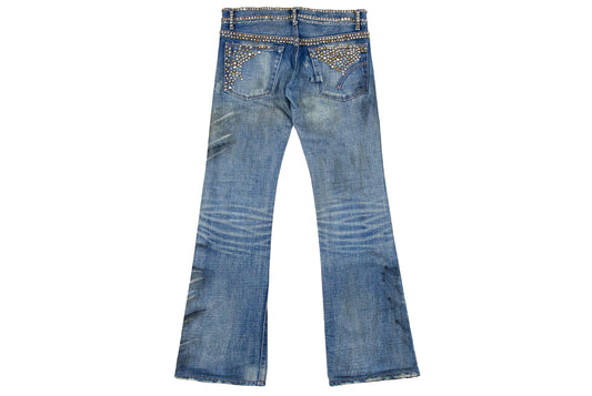 Vintage Enchantement...? mud wash low rise bootcut distressed studded jeans / Made in Japan