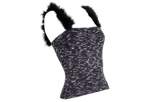 Vintage Amaya Arzuaga wool knit top with black feathers straps / Made in Spain
