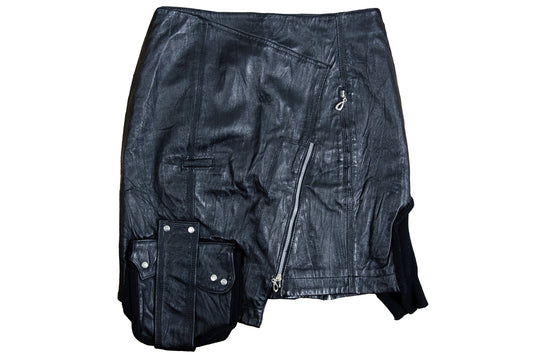 Vintage asymmetrical avant garde cargo pocket black leather skirt / Early 2000s French brand skirt