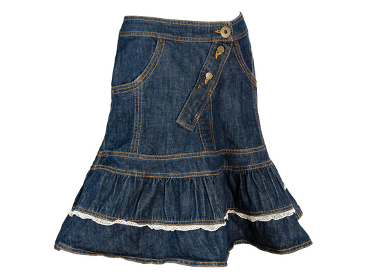 90s Antonio Berardi 2die4 flared denim skirt with crochet trim