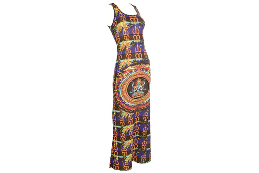 Vintage 90s Sleeveless Maxi Dress with Asian Inspired Print