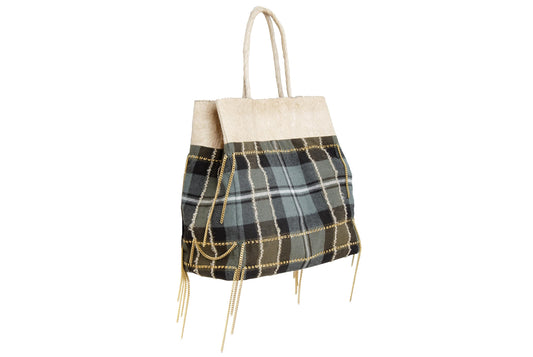 Japanese Designer Tartan Plaid Tote Bag with Gold Chain Fringe