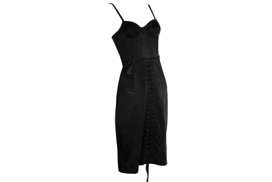 Vintage Black Silk Blend Corset Dress – Lace-Up Detail Sleeveless Bustier Dress