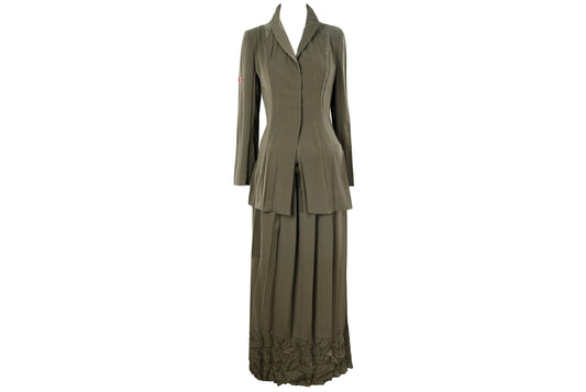Vintage French brand permanent pleats army green two piece suit / Made in France