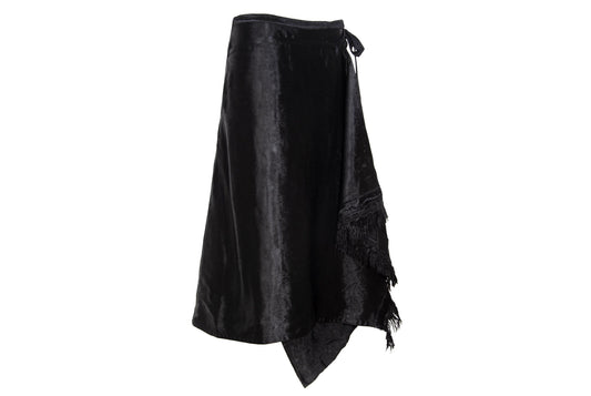 Marni black jacquard satin asymmetrical wrap skirt with fringe hem