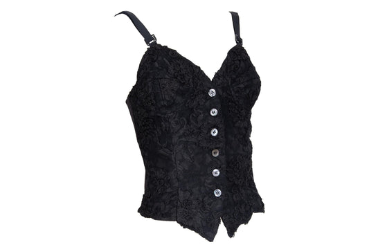 90s black floral lace leather back panel bustier / Made in Italy