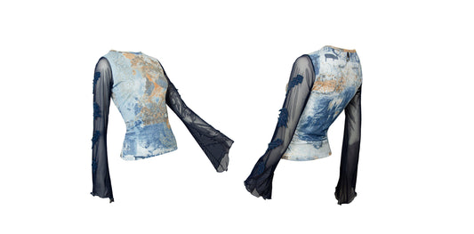 Save The Queen vintage sheer mesh bell sleeves top / Lettuce edge mesh flared sleeves top / Collage fantasy print top