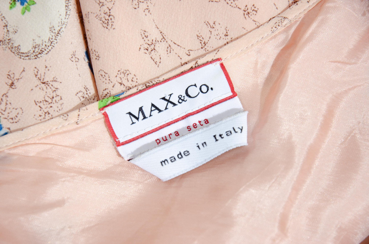Vintage 100% silk pink floral print dress with blue rhinestones / Made in Italy