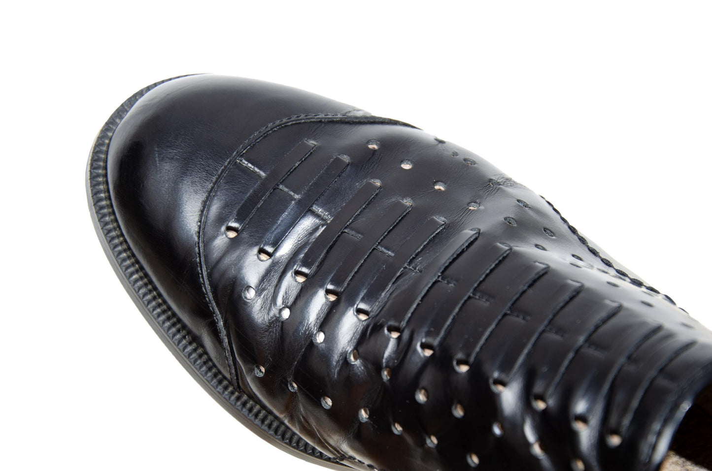 Vintage Yohji Yamamoto black leather perforated slip on shoes with rear zip closure
