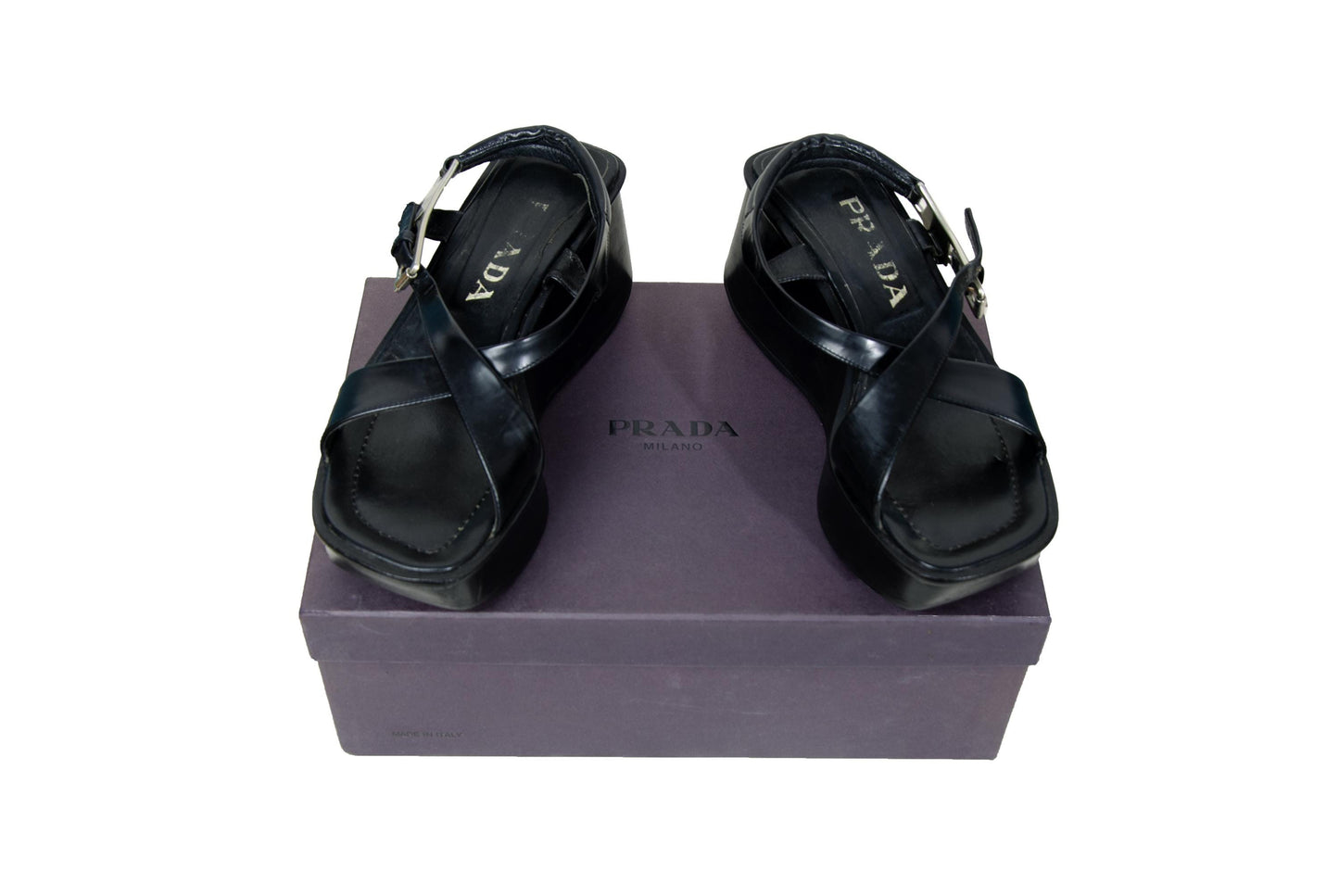 1999 Prada black leather platform sandals / Made in Italy