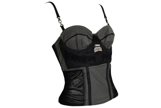 Vintage Style Corset Top - Gray Cotton Blend Bustier with Metal Detail