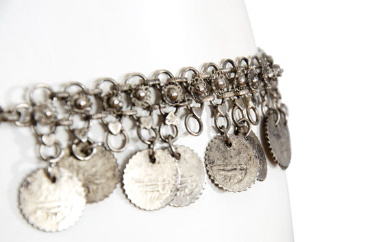 1970s Afghan Kuchi style silver tone metal chain belt with coin charms