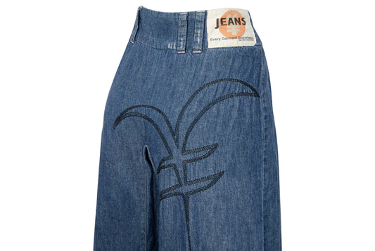 2000s Michiko Koshino two tone patchwork blue denim dramatic wide leg pants