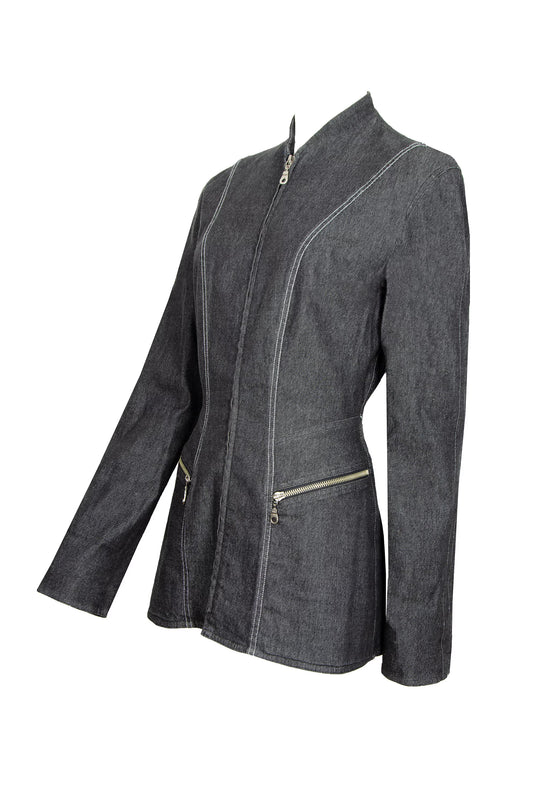 Thierry Mugler fitted waist structured grey denim jacket / Mugler charcoal denim zip front slim fit collarless blazer