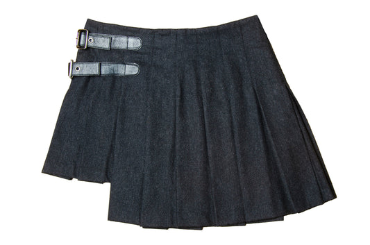 90s Dolce & Gabbana charcoal grey wool mini pleated skirt / Black leather buckles dark grey woolen high low over the knee skirt