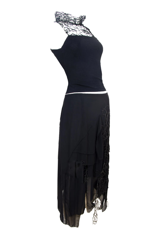 Vintage Amaya Arzuaga couture two piece set / Deconstructed high neck loose open knit sleeveless top + asymmetrical layered silk skirt