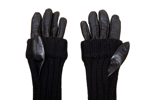 Vintage Sportmax Defile black leather and wool gloves / Sportmax black rib knit leather gloves / Leather gloves with integrated arm warmers