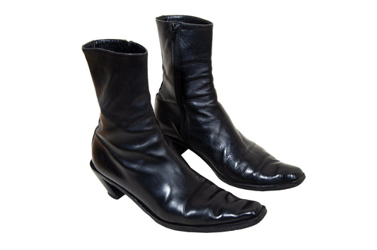 Vintage Ann Demeulemeester slanted heel black leather sock boots