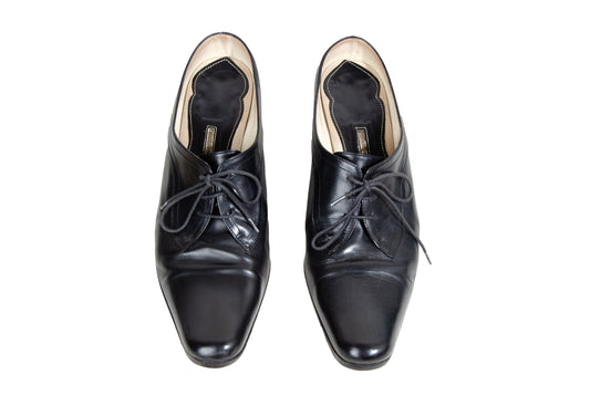 90s Dries Van Noten black leather Louis XV kitten heels lace up derbie mules / EU 40