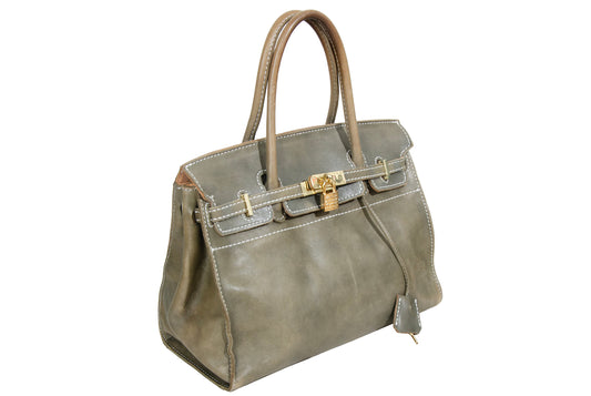 Vintage "Birkin" style Japanese brand faded khaki green leather oversized bag