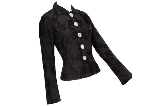 Vintage Masahiro Miyazaki oversized mother of pearl buttons jacquard fitted waist silk blend blouse / Made in Japan