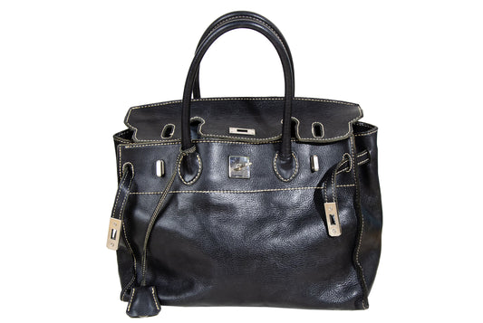 Vintage "Birkin" style black leather oversized bag / Made in Japan