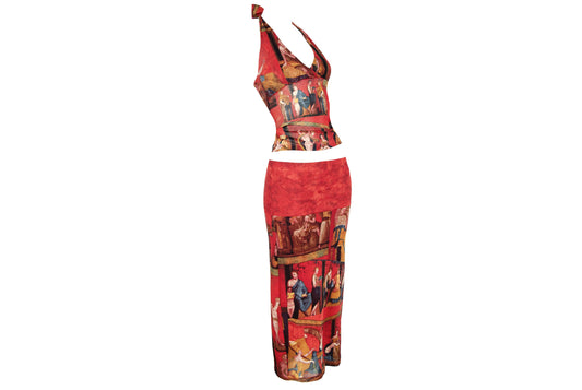 90s printed red mesh two piece set / Halter neck top and skirt set / Ancient Rome, antique print / Made in Spain