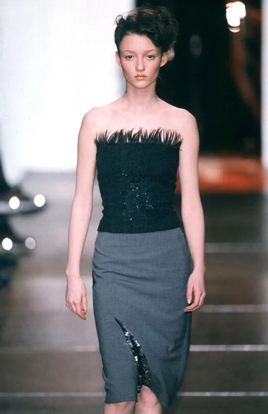 F/W 1998 Jean Colonna wool tweed and feather trim bustier / Made in Italy