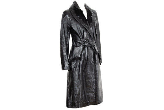 90s black leather and pony hair details corset tie front closure coat / Made in Italy