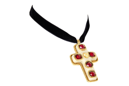 Vintage 90s oversized gold tone metal cross pendant with red stones / Baroque abstract cross with golden heart detail black velvet choker