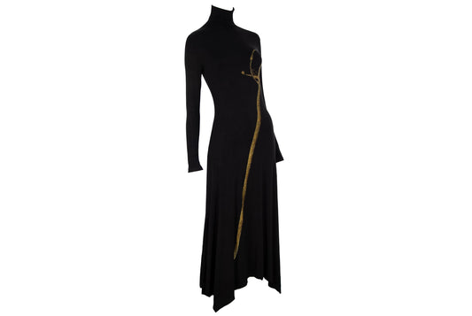 Vintage Spanish designer sword print black turtleneck maxi dress / Made in Spain