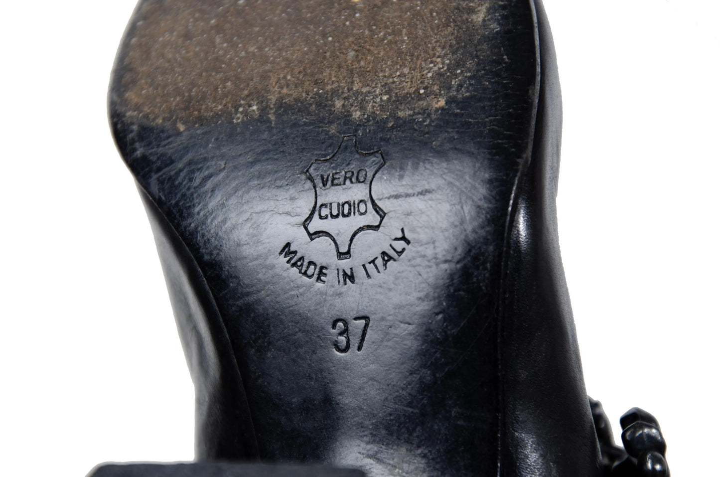 Vintage Michel Perry black leather square toe tall hourglass heels boots with metal bones buckle / Made in Italy