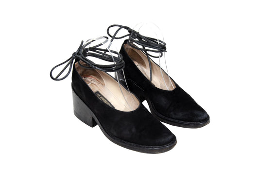 Vintage Ann Demeulemeester black suede block heel wrap around lace shoes