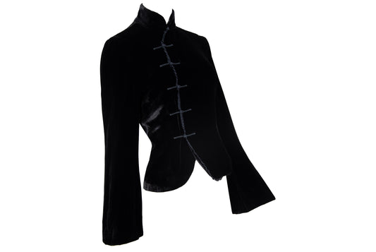 Vintage silk blend black velvet asymmetrical frog closure jacket / Belgian brand silk velvet knot fastener flared sleeves shirt jacket