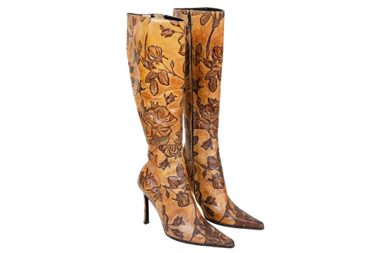 Vintage David Ackerman tooled leather high heel boots / French designer tan leather flower design tall boots / Made in France