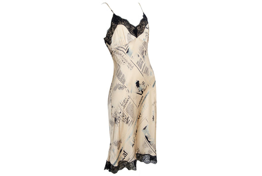Vintage 100% silk newspaper print lace trim slip dress / Italian brand pure silk gazette print mini dress / Made in Italy