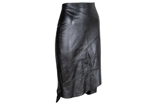 Fatima Lopes Vintage 2000s Black Leather Skirt – Avant-Garde asymmetrical raw natural hem leather skirt