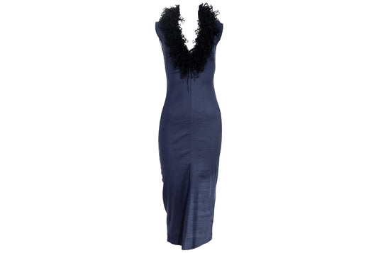 F/W 1997 Marcel Marongiu plunge neck dress with dramatic ribbon collar / Made in France