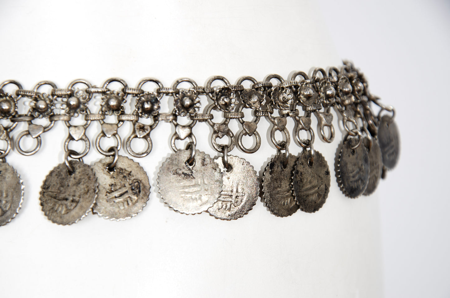 1970s Afghan Kuchi style silver tone metal chain belt with coin charms