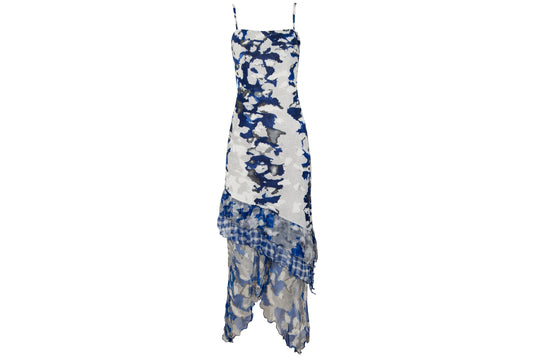 Vintage Italian designer silk abstract print asymmetrical ruffle hem spaghetti strap mermaid dress