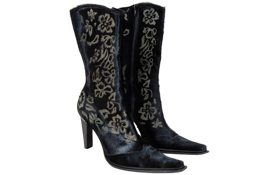Vintage black calf hair Italian boots with floral motif and sleek high heel