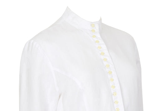 90s minimalist white cotton shirt with multi-button closure and stand collar