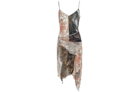 90s Italian designer silk abstract print dress with mesh trim - Made in Italy