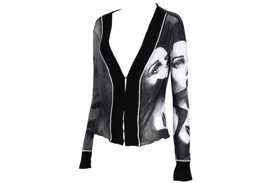 2000s sheer mesh black and white portrait print knit trim cardigan - Made in Italy