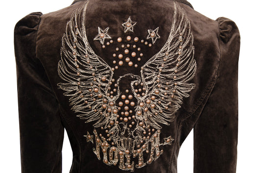 2000s Nolita brown velvet fitted cropped jacket with studded embroidered back - Made in Italy