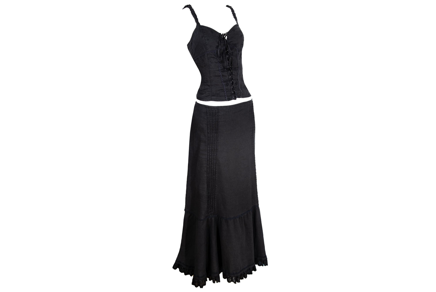 Vintage Black Linen Corset Top and Maxi Skirt Set