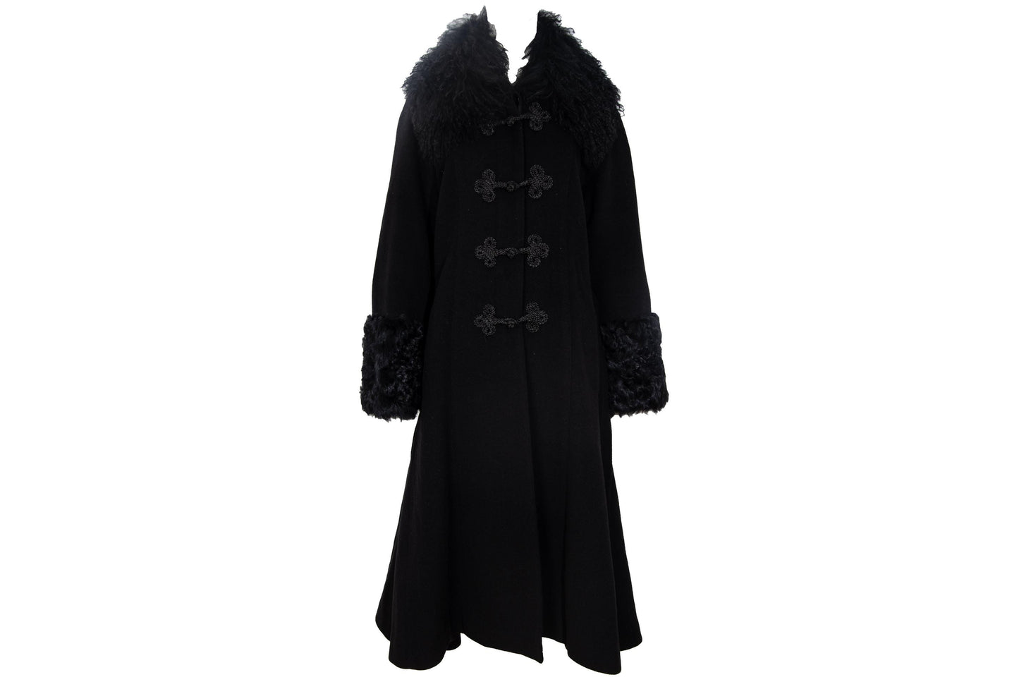 Vintage Black Wool & Cashmere Frog Closure Afghan Style Coat with Tibetan Fur