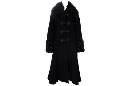 Vintage Black Wool & Cashmere Frog Closure Afghan Style Coat with Tibetan Fur