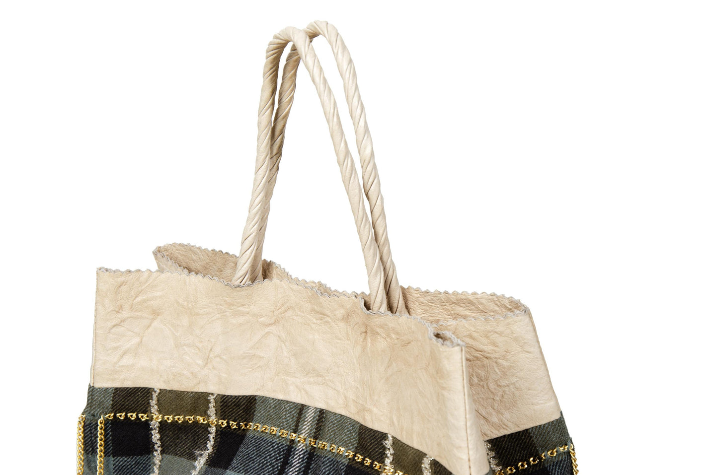 Japanese Designer Tartan Plaid Tote Bag with Gold Chain Fringe