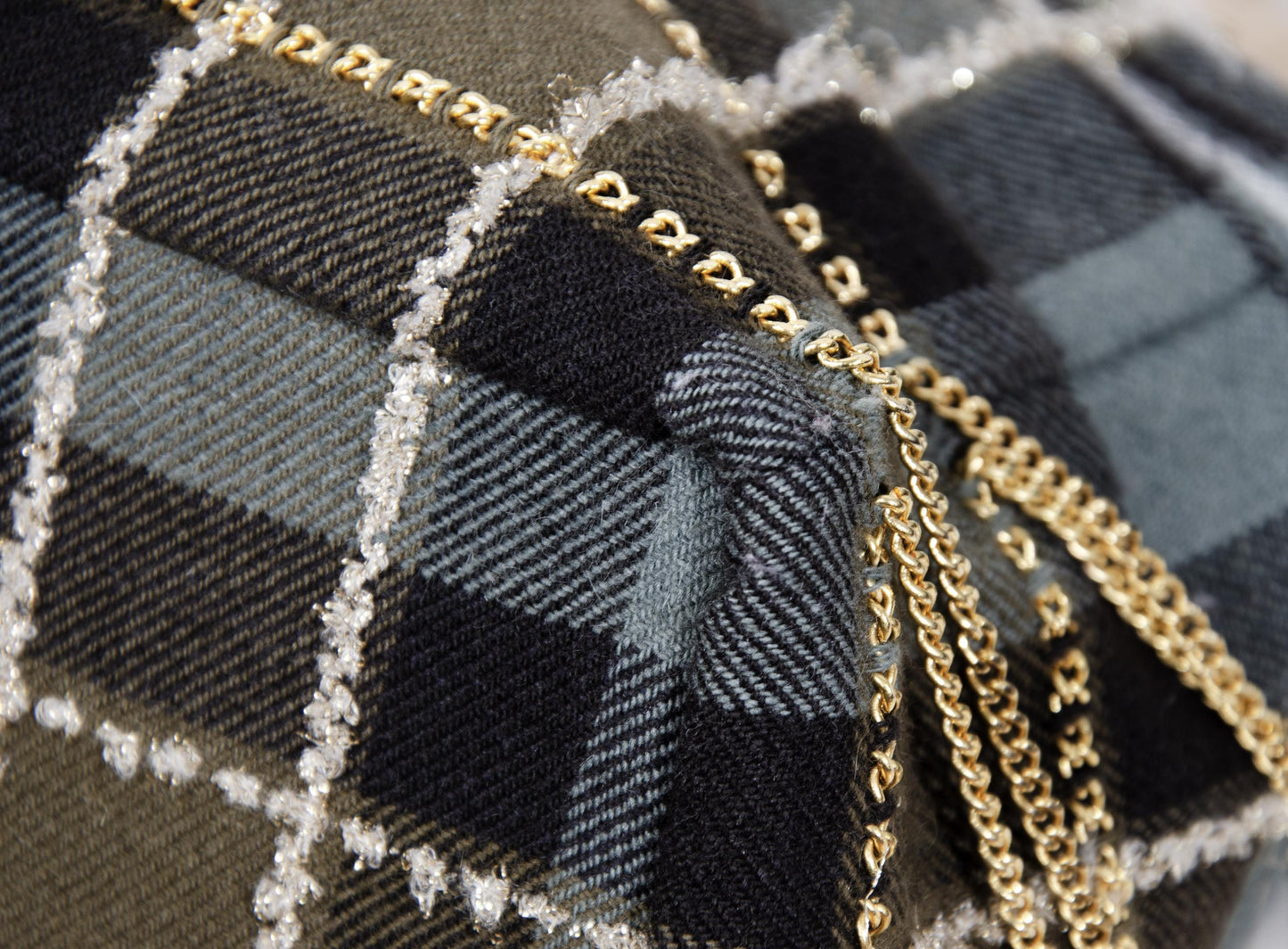 Japanese Designer Tartan Plaid Tote Bag with Gold Chain Fringe